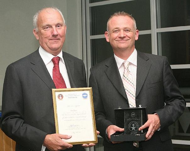 DSC co-founder and PR Organiser, Paul James (Left) with John Spencer of the Northamptonshire Motorcycle Casualty Reduction Forum with their Impact Awards, presented at a ceremony held at Towcester Racecourse, Photo - Thanks to Linda Dawson.
